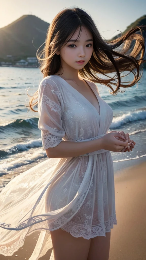 Japanese Girls, (-faceutiful girl:1.2, Idol Face), Delicate skin, Delicate areas, Detailed Description, Beautiful Eyes, Calm scenery, Beautiful beach with a promenade, Fluffy white clouds in a blue sky, The sound of waves crashing on the shore, A summer breeze carrying the scent of the season. , Bright sunlight emitting a warm glow, (Flowing, smooth hair, Hair blowing in the wind:1.3), (Highest quality, 4K, 8K, High resolution, masterpiece: 1.2), Very detailed, (Realistic, Realistic, Realistic: 1.37), (Detailed facial features, Beautiful attention to detail, Beautiful lip detail, Very detailed目と顔), (Professional photography techniques), Beautiful breasts, Small beautiful butt, Slender body line, ((Long eyelashes, double eyelid)), Calm, quiet, peaceful, Idyllic, Warm colors, Golden Hour Lighting, Cinematic, dream-like, Nostalgia, landscape, Natural light, (Detailed hands:1.2, Beautiful little hands of a girl:1.3)