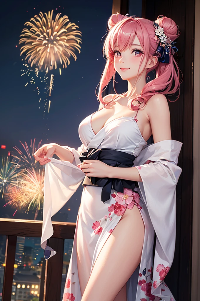 (Best Quality,High resolution,8K,finelity detailed background,Masterpiece:1.2),beautiful girl,Shiny pink hair,hair bun,Beautiful pink eyes,Gentle look,A refreshing look,Best quality,Best Quality,Aesthetic and aesthetic:1.2,Best details((Super detailed))(High-definition CG illustrations),yukata(Floral),Slender body,night,Fireworks display,Fireworks in the background,Fireworks,smile,blush,cute,Scrounge,Looking up,Being spoiled,super model