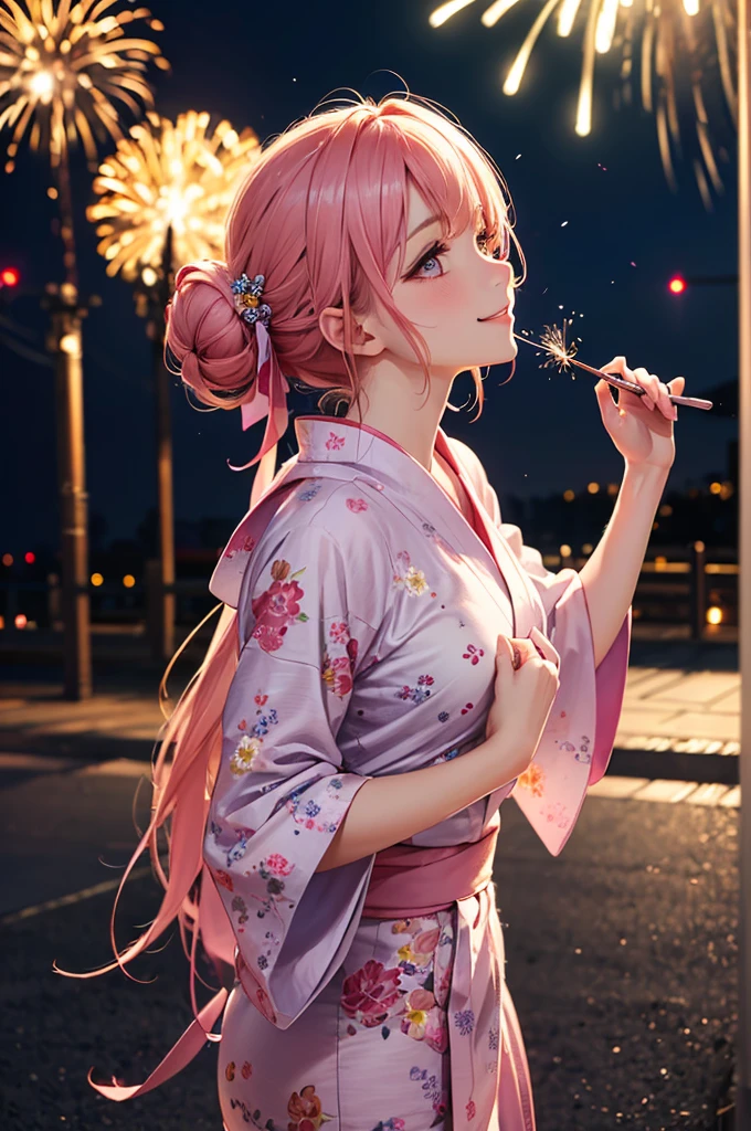 (Best Quality,High resolution,8K,finelity detailed background,Masterpiece:1.2),beautiful girl,Shiny pink hair,hair bun,Beautiful pink eyes,Gentle look,A refreshing look,Best quality,Best Quality,Aesthetic and aesthetic:1.2,Best details((Super detailed))(High-definition CG illustrations),yukata(Floral),Slender body,night,Fireworks display,Fireworks in the background,Fireworks,smile,blush,cute,Scrounge,Looking up,Being spoiled,super model