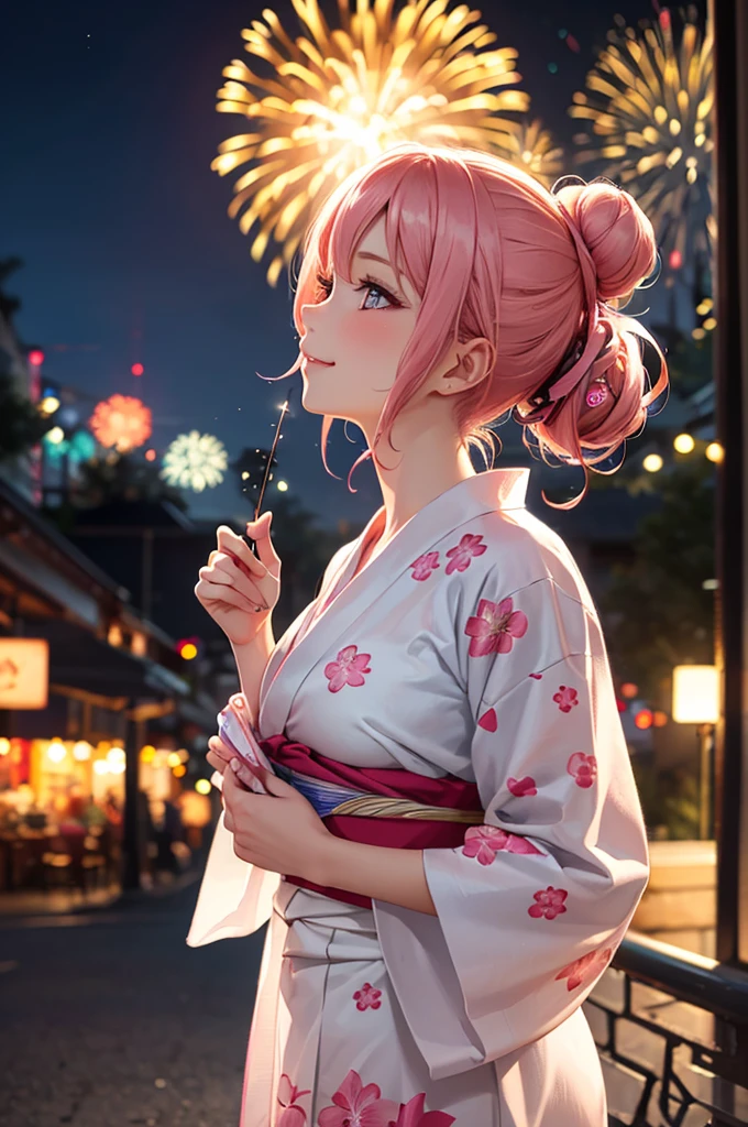 (Best Quality,High resolution,8K,finelity detailed background,Masterpiece:1.2),beautiful girl,Shiny pink hair,hair bun,Beautiful pink eyes,Gentle look,A refreshing look,Best quality,Best Quality,Aesthetic and aesthetic:1.2,Best details((Super detailed))(High-definition CG illustrations),yukata(Floral),Slender body,night,Fireworks display,Fireworks in the background,Fireworks,smile,blush,cute,Scrounge,Looking up,Being spoiled,super model