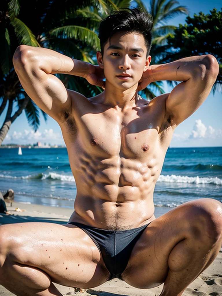 Realistic photography, 8k , handsome young muscular Korean man, wearing no shirt , wearing only black thong, beach, squating, lifted arms, spread legs