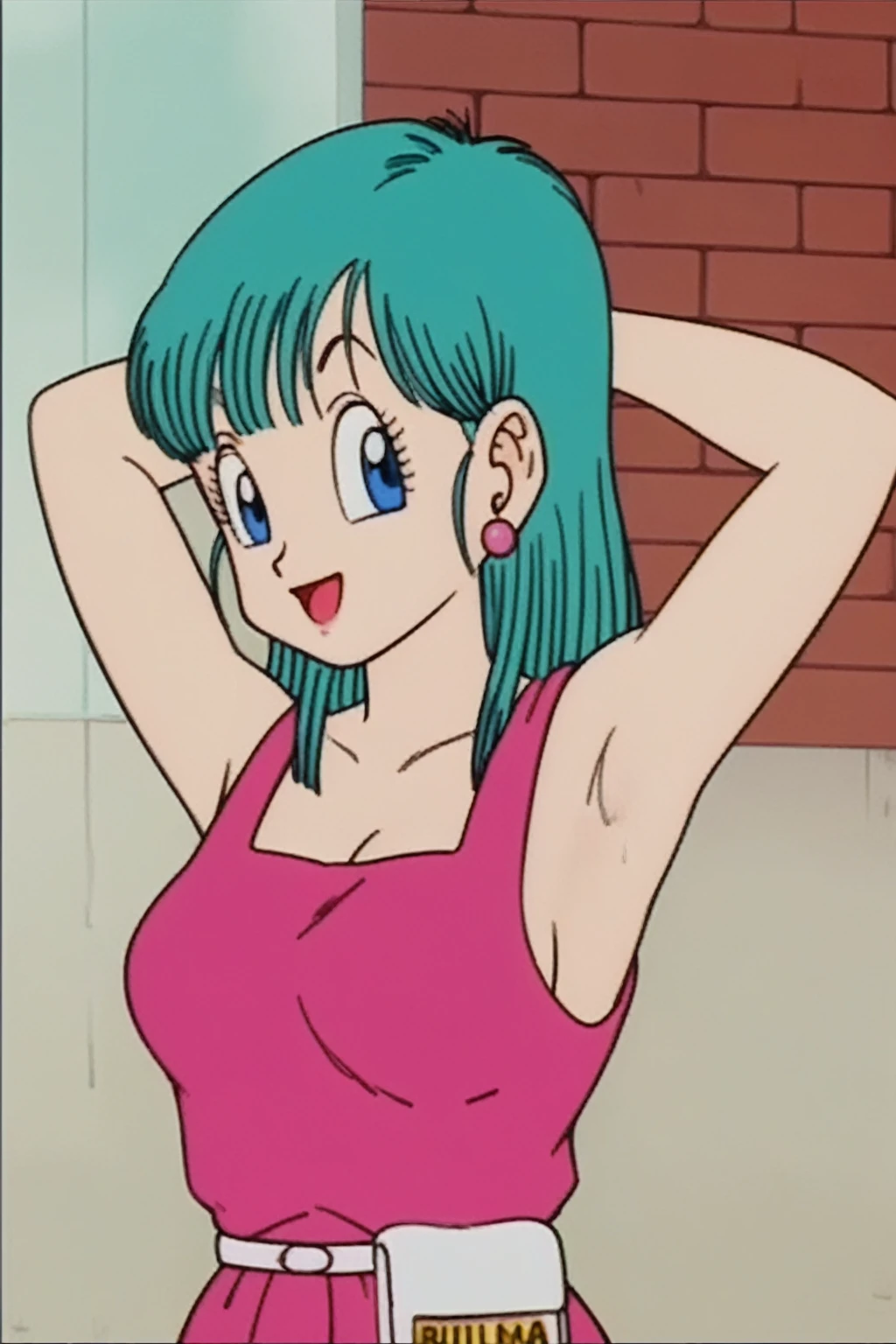 source_anime, score_9, score_8_up, score_7_up, anime screencap, bulma \(dragonball\), aged_up, brick wall, blue skies, 1girl, solo, medium hair, blue eyes, jewelry, earrings, outdoors, sleeveless, tree, aqua hair, retro artstyle, 1990s \(style\), ((((nude))))(((( showing bib boobs))))(((hands above showing armpits)))), right arm down, looking at the viewer, medium breasts, upper body, smile, standing,(((naked))((huge boobs))))