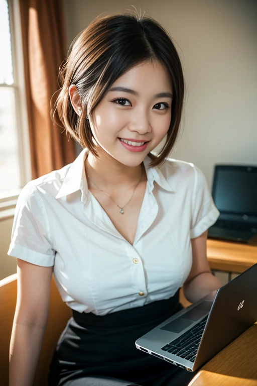 (A beautiful Japanese office lady, age 28, wearing formal White shirt with buttons & grey mini-skirt, sleeping in office at midnight, thoughtful expressions, kind smile, dimpled chins, cute snaggle-tooth, short bob hair ponytail, symmetrical face, realistic detailed face, beautiful detailed eyes, perfect body proportions, ample round bosoms, photorealistic, hyper-realism, high contrast, ultra HD, realistic skin textures, top image quality, top-quality, super high resolution, fine details, very meticulously, masterpiece, head to knees, High Angle Shot, bokeh background)