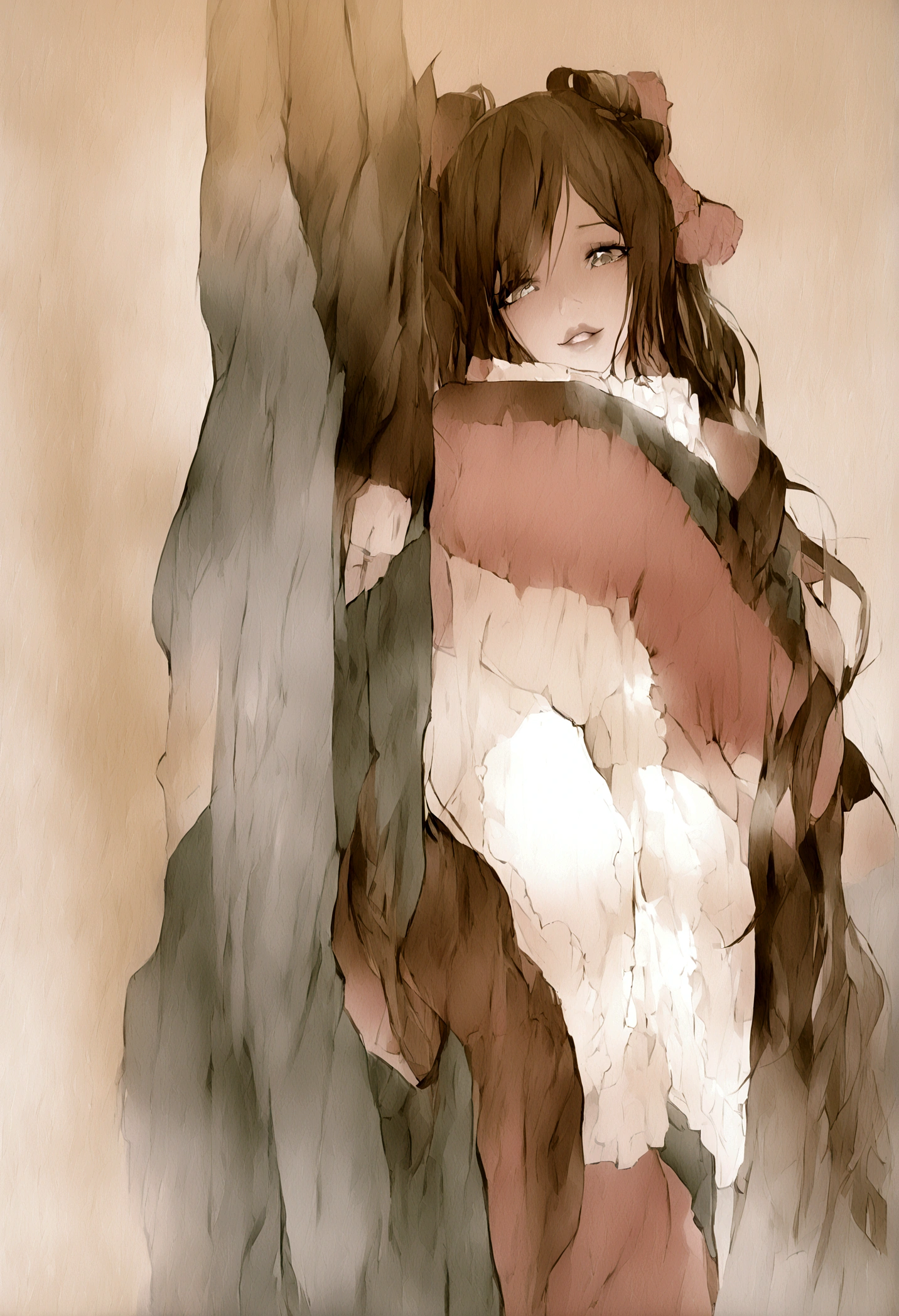 ASAMIKE, red HAIR, PONYTAIL, LONG HAIR, SIDELOCKS, PURPLE EYES,, large breasts, , solo, Abandoned house, Heavy snowfall area, sea , ( Sweating profusely, Love juice, Wet Woman, female ejaculation), empty eyes, crying, nsfw, nipple, naked, Peeing, lactation, projectile lactation