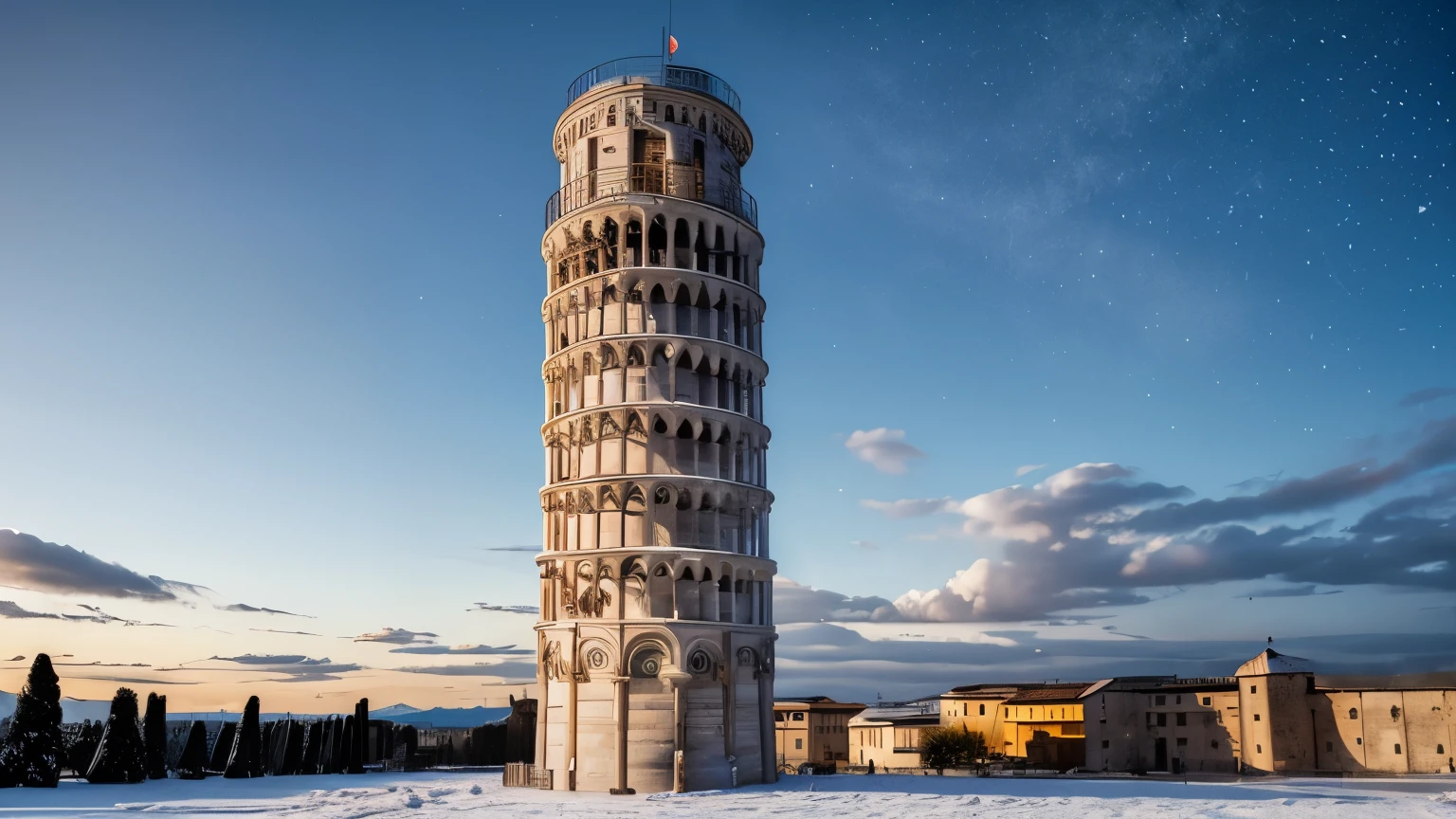 (Masterpiece:1.4, top-quality), ultra hi-res 8k, Tower of Pisa,  Snow Scene