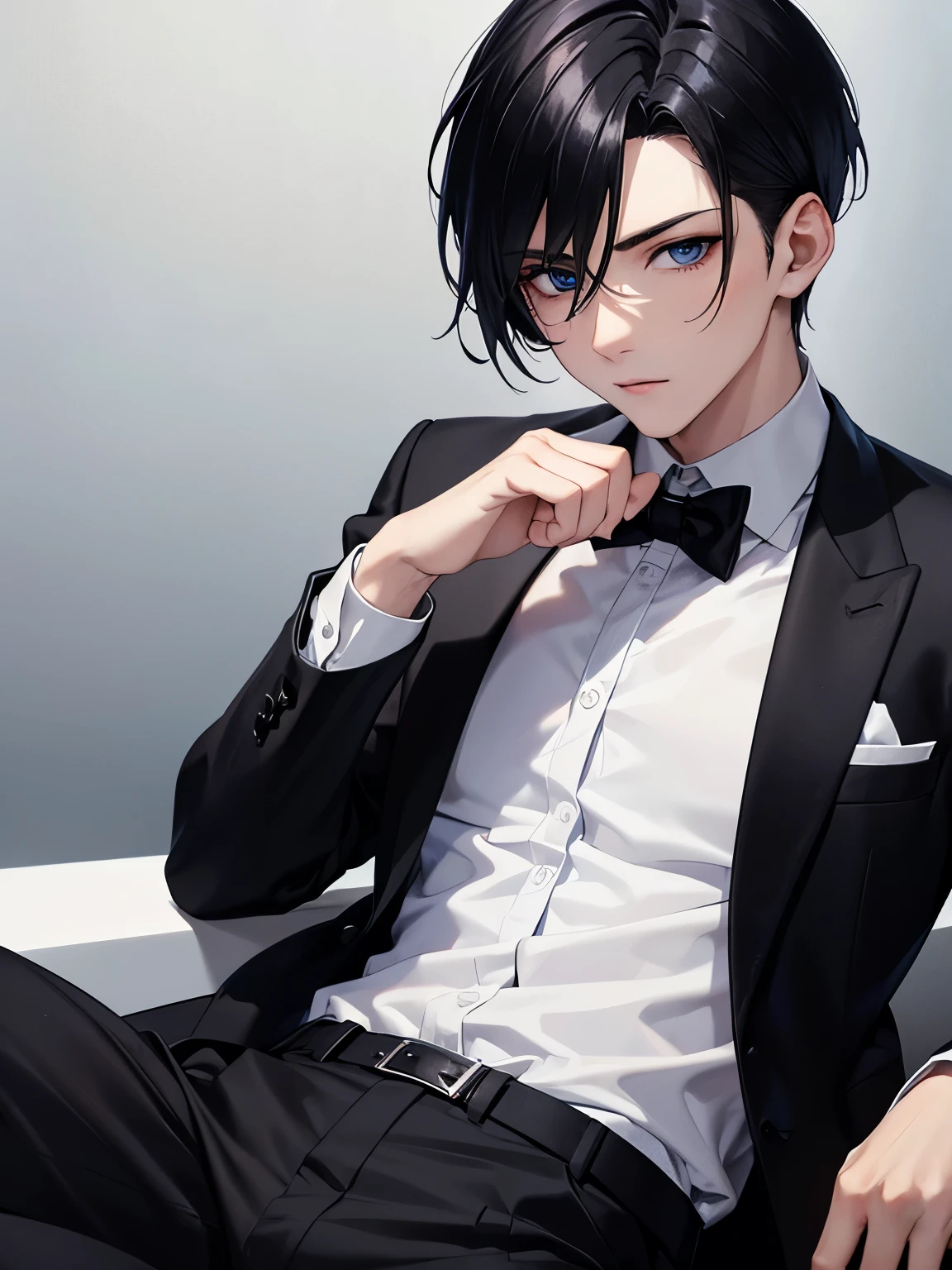 ung man,Werewolves,Sitting,,18 years old,guy,undercut hair style,black hair, white shirt, Black suit, black trousers,black tie,ultra detail, perfect face, hd face, detailed face, masterpiece ,blue eyes, close up photo