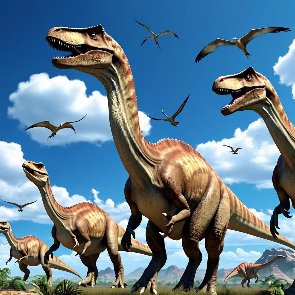 A group of large, long-necked dinosaurs under a blue sky. The dinosaurs are herbivorous, with a combination that looks like a parent and . There are other dinosaurs around, forming a herd. The background features clouds, and birds are seen flying in the distance. The dinosaurs have a lifelike expression and posture, with realistic textures.
