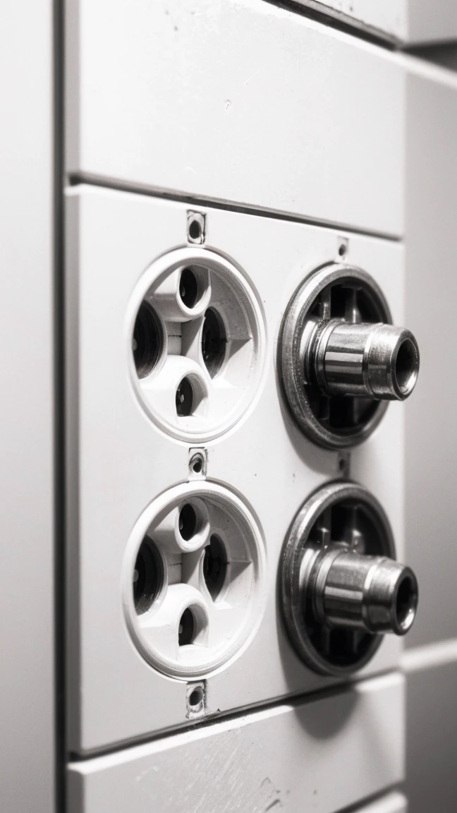 An old-fashioned electrical socket with two outlets, known as the double socket. Detailed close-up view, showing the simplicity and functionality of the design. Early 20th century, sepia tone.