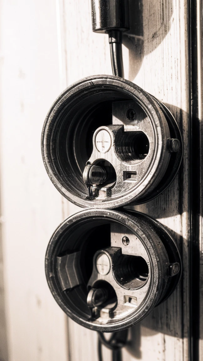 An old-fashioned electrical socket with two outlets, known as the double socket. Detailed close-up view, showing the simplicity and functionality of the design. Early 20th century, sepia tone.