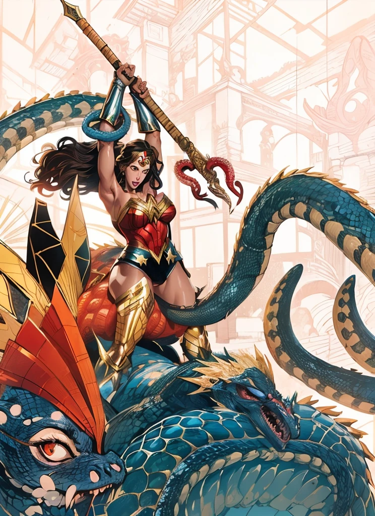 Wonder Woman defeats the dragon，Octopus tentacles，Wonder Woman fighting on the dragon head，Dragon Eyes，a girl, Gal Gadot plays Wonder Woman, sexy body, Beautiful face，A charming smile，Lively expressions，，seduce。huge breasts, Huge ass, plump body, sexy bra, sexy thong, Background horror、Magic high quality paintings