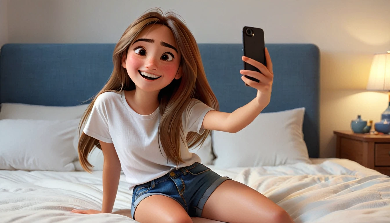 ((masterpiece, best quality)), award winning, 4k, 8k, simple background, photography, visible face, (one girl), 20 years old, Teenage girl with a cheerful and playful demeanor. She has long, straight hair, a simple white plain t-shirt and denim shorts. sitting in bed, taking selfie. Pixar Character. 