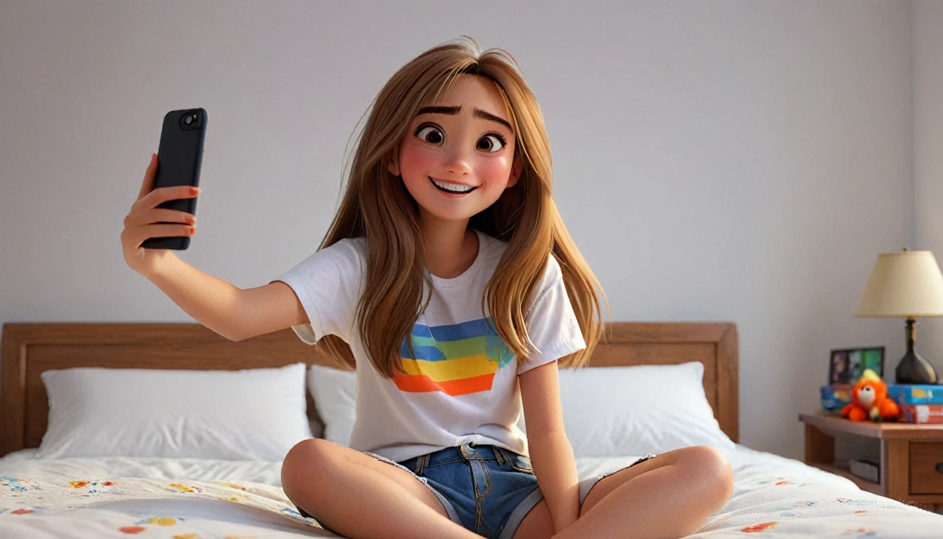 ((masterpiece, best quality)), award winning, 4k, 8k, simple background, photography, visible face, (one girl), 20 years old, Teenage girl with a cheerful and playful demeanor. She has long, straight hair, a simple white plain t-shirt and denim shorts. sitting in bed, taking selfie. Pixar Character. 