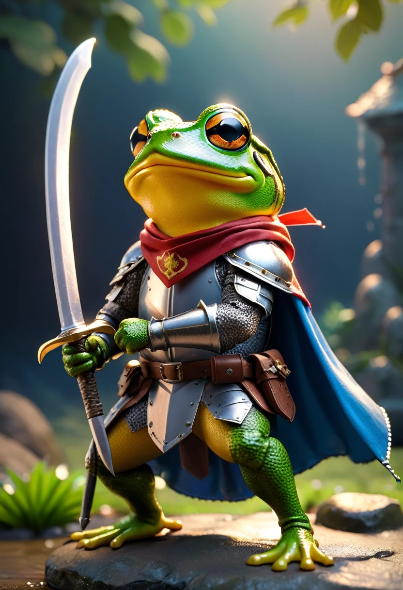 knight frog, Cool frog, Pop frog, Diorama、simple background,Bandana,He is holding a big sword in his hand, Brave, Cape, Best quality, Capture the sweetest moments, Depth of written border, Super detailed, ultra high Resolution, Octadale, 8k, 16km race