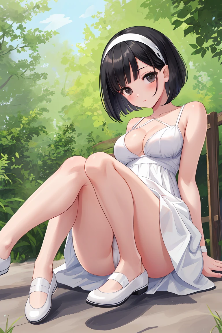 Black Hair Beautiful breasts clear Short Bob hair band White dress White panties Beautiful feet White shoes summer Outdoor