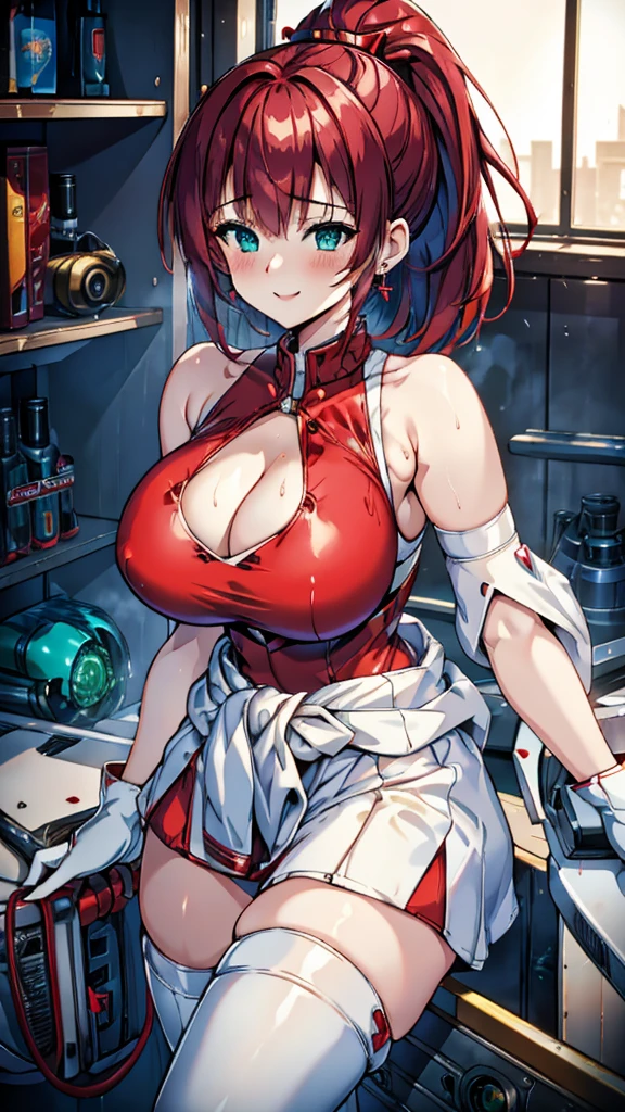 18-year-old girl,Baby Face,Crimson short-haired,ponytail hairstyle,Smile,Huge breasts,cleavage,Sheer red sleeveless top,Leave space in the middle to reveal cleavage,Soaked all over,Blushing,green eyes,Female spy,Red miniskirt,White gloves,White hand sleeves,White boots,Science fiction,Future,Inside the mecha combat robot warehouse,robot driver,Pistol hanging on waist,No bangs,Wearing earrings only on one side,Lipstick