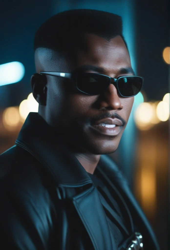 cinematic photo a closeup portrait of a man with sunglasses,fangs,night time city background . 35mm photograph, film, bokeh, professional, 4k, highly detailed