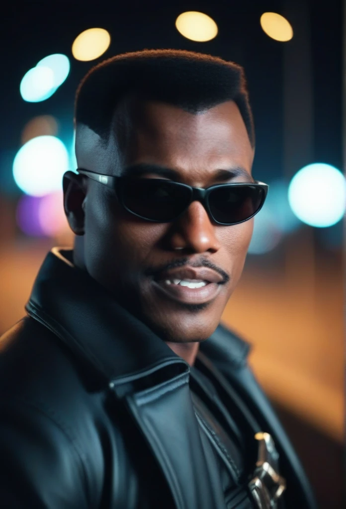 cinematic photo a closeup portrait of a man with sunglasses,fangs,night time city background . 35mm photograph, film, bokeh, professional, 4k, highly detailed