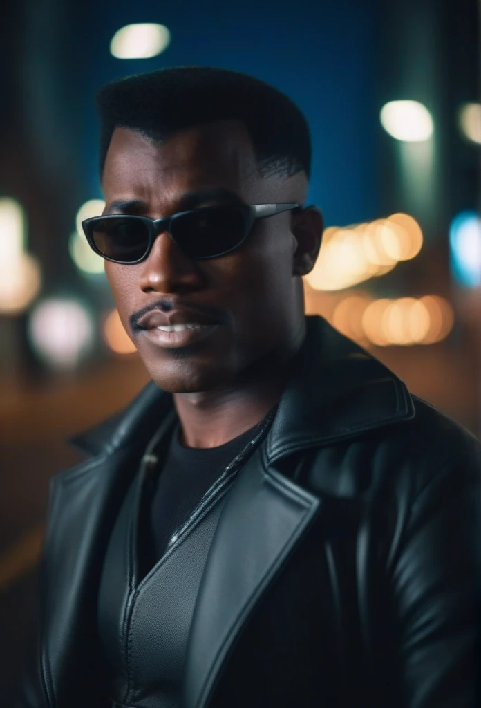 cinematic photo a closeup portrait of a man with sunglasses,fangs,night time city background . 35mm photograph, film, bokeh, professional, 4k, highly detailed