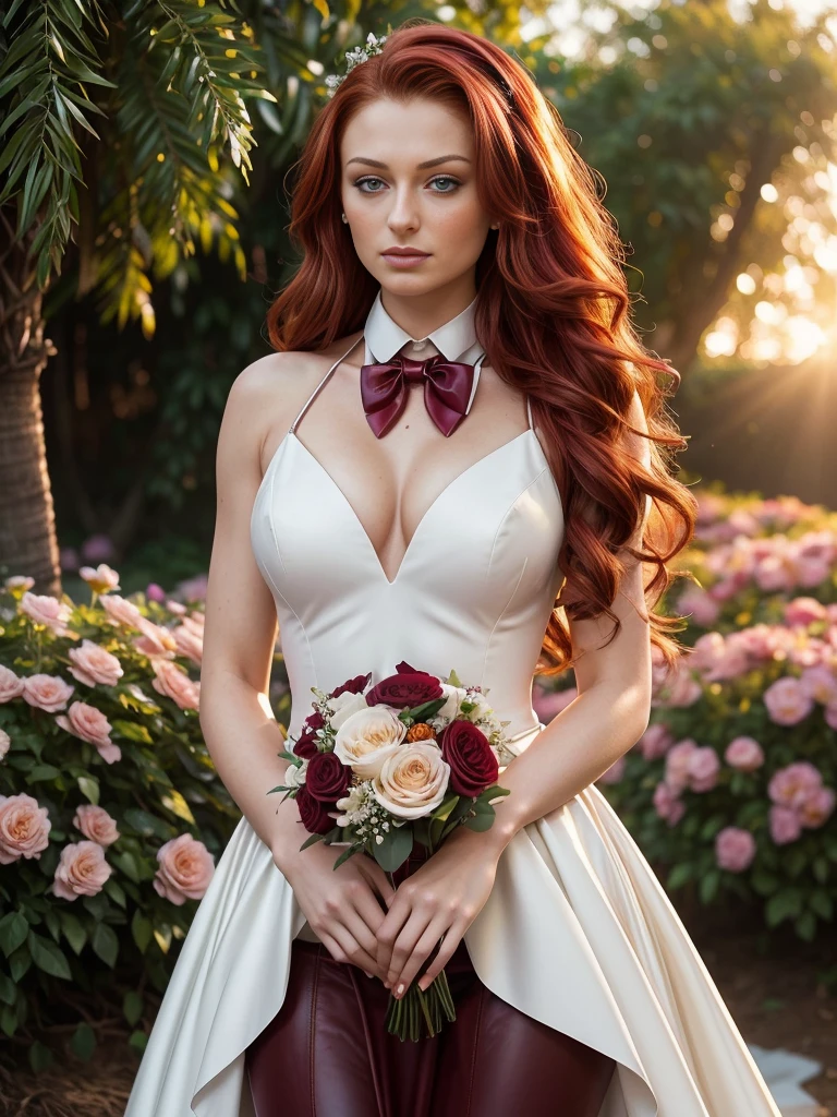 gorgeous happy woman (Sophie Turner) with long wavy red hair (wearing a maroon leather wedding gown:1.15), ((white bowtie:1.14)), gorgeous eyes, slim body, happy, smile, sexy, perfect make-up, cinematic, realistic, high contrast, visually rich, photogenic, flirty, HDR, UHD, dynamic pose, In a dream garden on a magical night. (obra maestra) (mejor calidad), ((surrounded by beautiful flowers)) (in sunset light:1.2), backlit, perfect make-up, cinematic, realistic, tight hairstyle, high contrast, visually rich, perfect eyes, strong eyeliner, elegant, graceful, natural beauty, charismatic, versatile, photogenic, very detailed