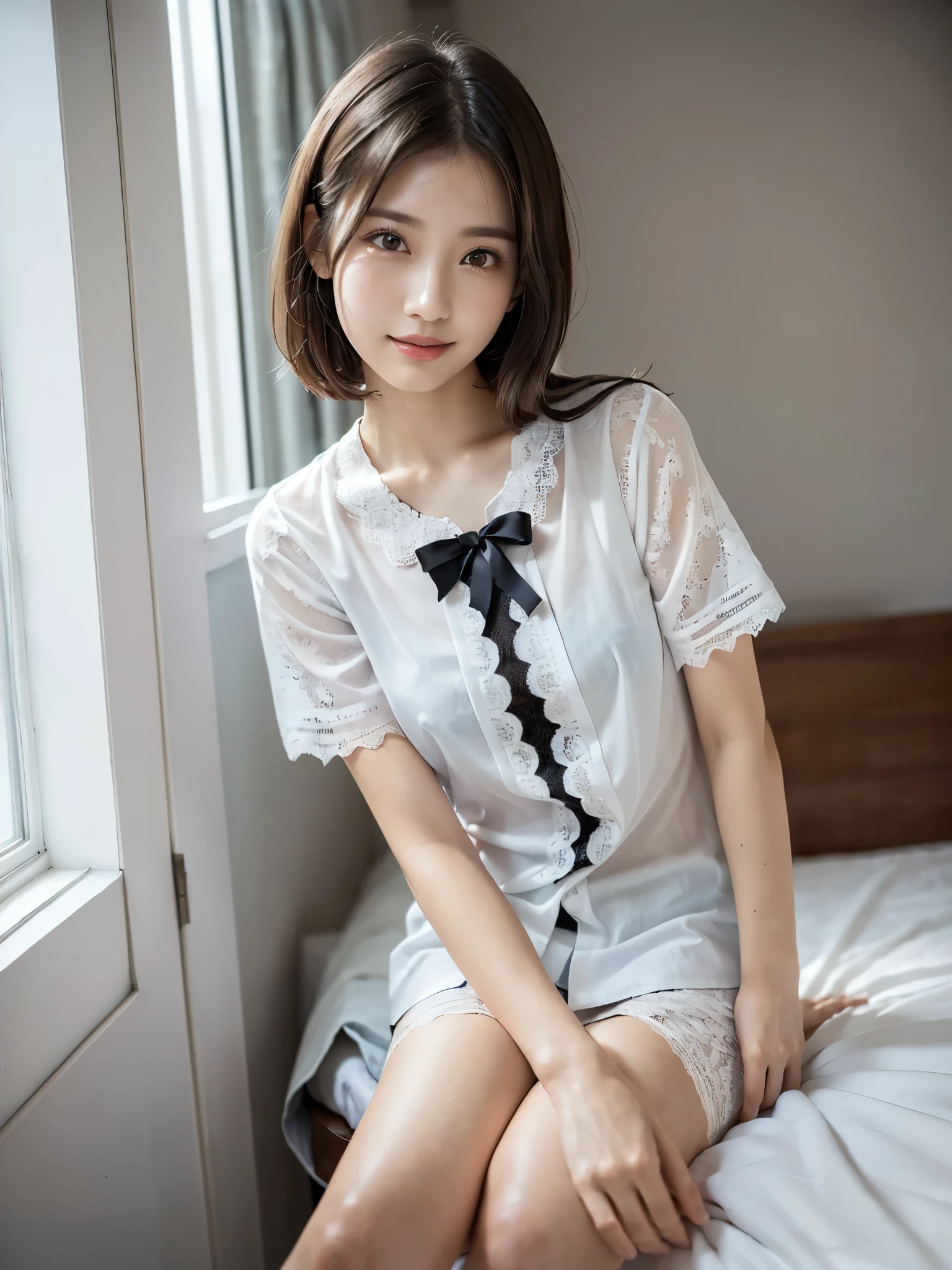 (Highest quality:1.9)、(High resolution)、Live-action image quality、((19 year old female university student、1 person))、Soft lighting by a professional photographer、Natural light、((Very spacious white luxurious room:1.6))、((Bright white room:1.6))、(Standing in front of a very luxurious white bed:1.2)、(White bookshelf background:1.1)、Natural soft light、((Black Hair Color:1.1))、Fair skin、Detailed Eyes、double eyelid、Slightly puffy cheeks、((Small Face:1.0))、((White lace short sleeve shirt、Please wear it with the chest open.:1.7))、((White checked skirt))、(Cute Smile)、((Girly pose 1.8))、((Straight medium-long hair:1.1))、((Full Body Shot:1.2))、((Height: 145cm))、Hands in front、Hold hands between legs、bangs、