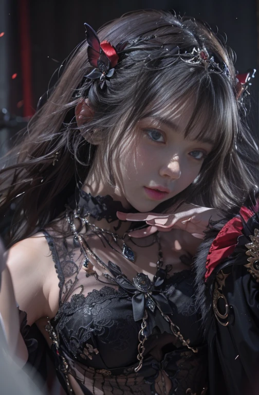 (masterpiece:1.3), (8K, Realistic, RAW Photos, Best image quality: 1.4), (Highest quality、masterpiece、Ultra-high resolution、(Realistic:1.4))Fair-skinned devil woman、blow long hair、Cleavage:2.0、Highly detailed face、Attention to detail、double eyelid、Chest to chest、Sharp focus:1.2、Beautiful woman:1.4、 Brunette Hair、、Highly detailed and professionally lit smiles, Gothic Costume、Dark Street ,Serious expression、black goth fashion:1.2 , Short-haired、Deadly position, Gorgeous Necklace , One person、whole body, ((広背筋にある巨大な黒い悪魔のwing、Left and right3wing=sum6Sheet))、(both hands, Perfect Fingers、Beautiful fingers)