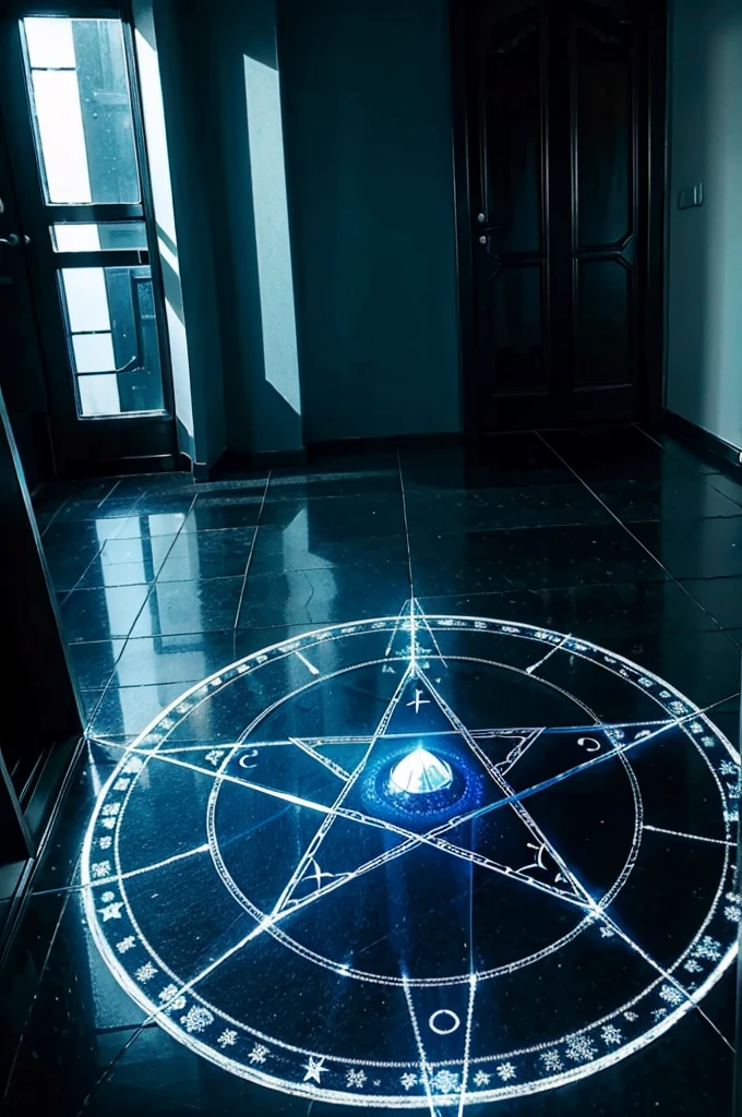 A glowing blue pentagram magic circle is drawn on the floor of the room.。Dimly lit room。Poor visibility。