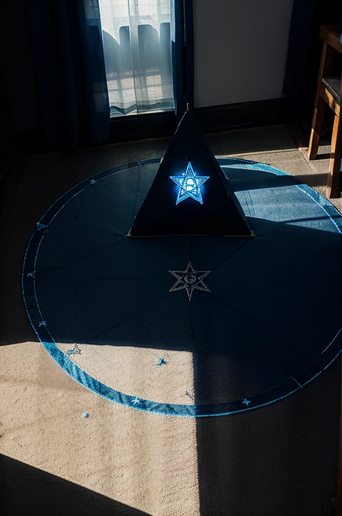 A glowing blue pentagram magic circle is drawn on the floor of the room.。Dimly lit room。Poor visibility。