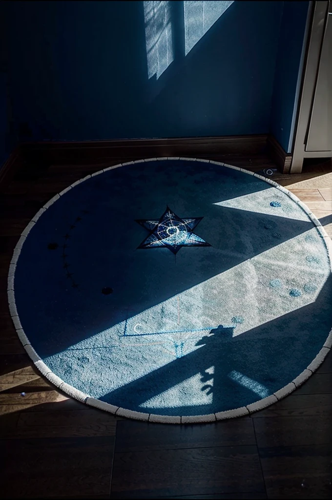A glowing blue pentagram magic circle is drawn on the floor of the room.。Dimly lit room。Poor visibility。