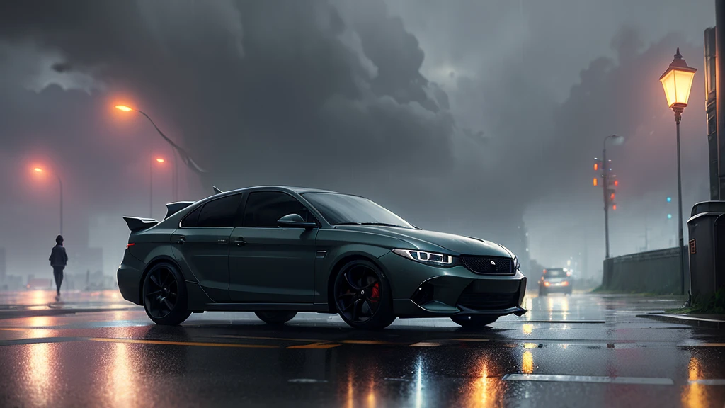 il y a une voiture qui roule dans la rue sous la pluie, Jour de pluie. rendu du jeu, sombre. par Makoto Shinkai, rendu d&#39;octane. par Makoto Shinkai, greg rutkowski Makoto Shinkai, makoto Sinkai, Temps orageux. Makoto Shinkai, par Makoto Shinkai, par Makoto Shinkai, in style of Makoto Shinkai