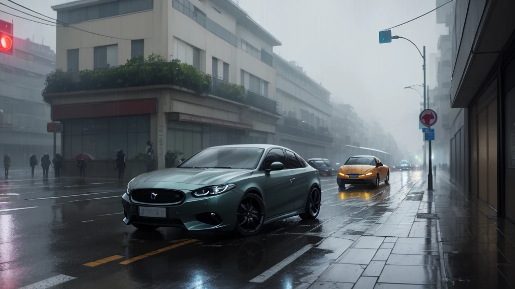 il y a une voiture qui roule dans la rue sous la pluie, Jour de pluie. rendu du jeu, sombre. par Makoto Shinkai, rendu d&#39;octane. par Makoto Shinkai, greg rutkowski Makoto Shinkai, makoto Sinkai, Temps orageux. Makoto Shinkai, par Makoto Shinkai, par Makoto Shinkai, in style of Makoto Shinkai