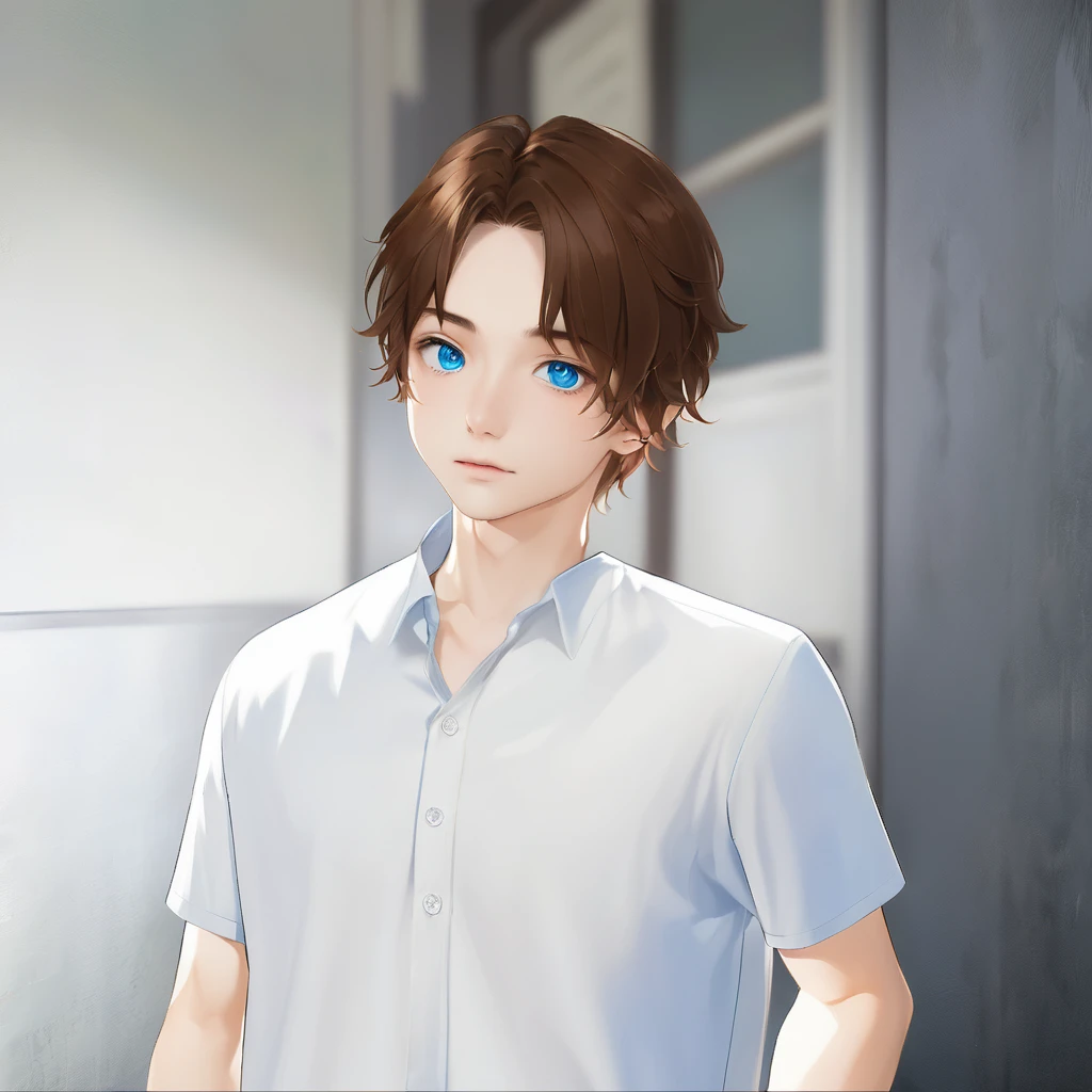 blue eyes and brown hair、Anime boy in a white shirt, Tall anime guy with blue eyes, Semi-realistic anime, In games, Smooth anime CG art, Anime Handsome Man, Semi-realistic anime, main character, Inspired by Hisui Sugiura, Male Anime Characters, He has short, curly brown hair, Visual Novel CG, Male characters, Young Anime Guy
