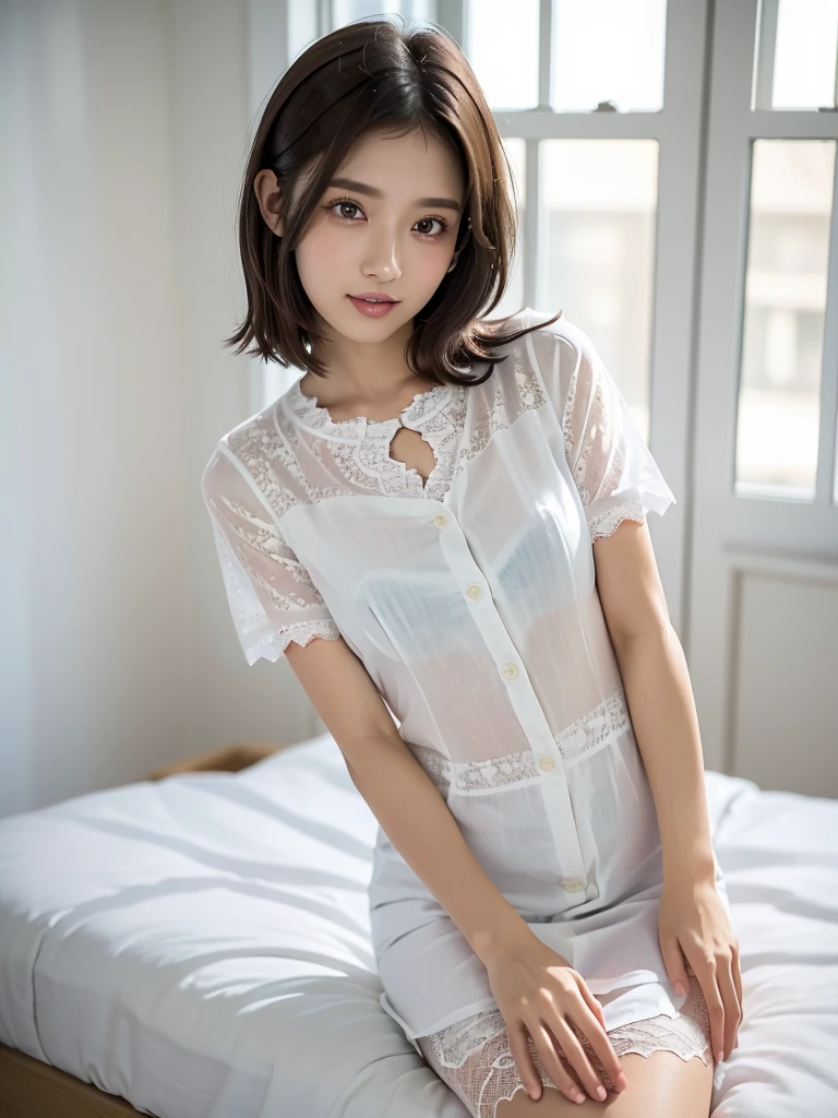 (Highest quality:1.9)、(High resolution)、Live-action image quality、((19 year old female university student、1 person))、Soft lighting by a professional photographer、Natural light、((Very spacious white luxurious room:1.6))、((Bright white room:1.6))、(Standing in front of a very luxurious white bed:1.2)、(White bookshelf background:1.1)、Natural soft light、((Black Hair Color:1.1))、Fair skin、Detailed Eyes、double eyelid、Slightly puffy cheeks、((Small Face:1.0))、((White lace short sleeve shirt、Please wear it with the chest open.:1.7))、((White checked skirt))、(Cute Smile)、((Girly pose 1.8))、((Straight medium-long hair:1.1))、((Full Body Shot:1.2))、((Height: 145cm))、Hands in front、Hold hands between legs、bangs、