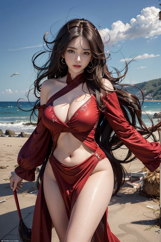 beautiful digital artwork, fantasy gorgeous lighting, gorgeous digital art, stunning digital illustrations, digital fantasy art, 3D rendering character art 8K, high resolution, detailed digital art, (photorealistic stick:1.5), ethereal fantasy, 1 girl, beautiful smile, cowboy shot, Balanced figure with a length of 7 heads, perfect growth, beautiful curves, Bewitching、sexy、eros、curly long hair、red, Woman with shining light, pretty face, detailed face, perfect beautiful proportions, Big breasts that are about to burst, thin waist, Belly button pussy, big ass, swollen butt, Gaps between the legs, sexy thighs, long legs, (Naked under translucent sexy dress: 1.2), naked、Floating in space there, She spreads her arms and takes a deep breath, She is a goddess 、dynamic pose、(Terrible wind: 1.8), (messy hair and clothes: 1.8), Her skin is exposed, she wants to look sexy, The background is space, in the darkness, many stars, background blur, front light: 1.2, face light: 1.2,The background is the ocean、Blur the background、shallow depth of field、far and near method、