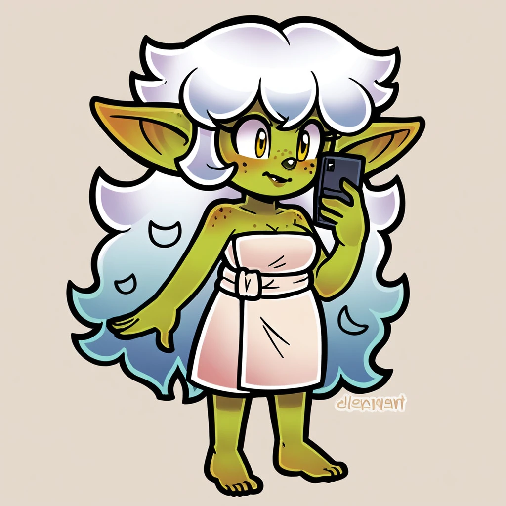 (score_9, score_8_up), sonic (series), goblin girl, short stack, green skin, white hair, wavy hair, long hair, medium breasts, wrapped in towel, freckles, yellow eyes, yor forger, holding phone