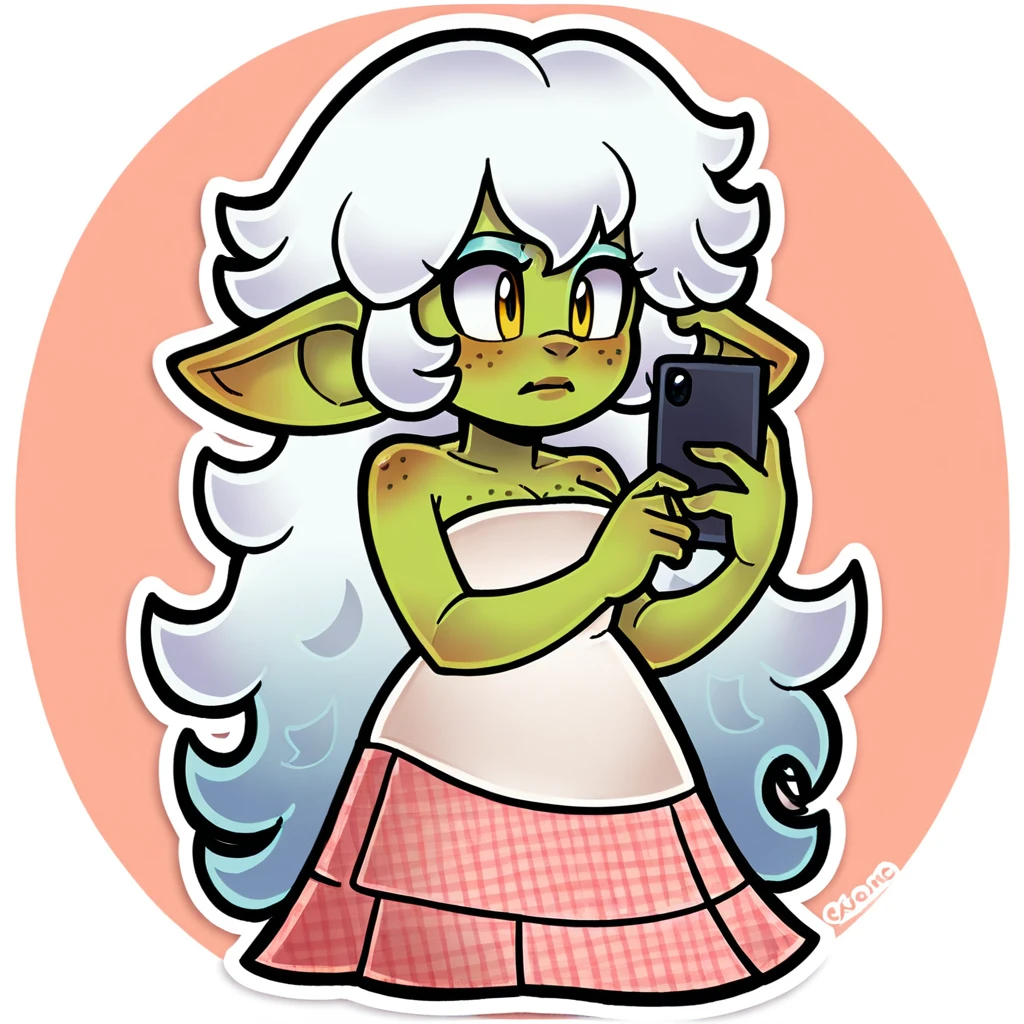 (score_9, score_8_up), sonic (series), goblin girl, short stack, green skin, white hair, wavy hair, long hair, medium breasts, wrapped in towel, freckles, yellow eyes, yor forger, holding phone