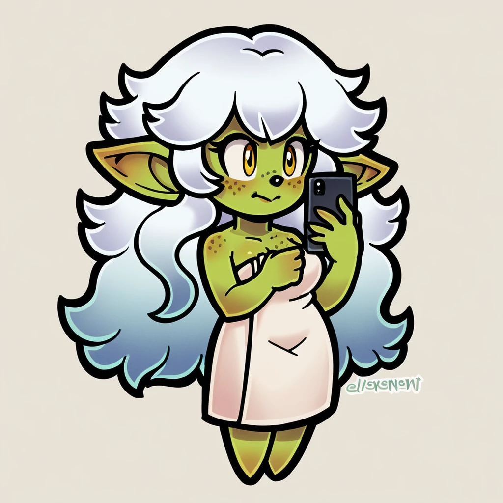 (score_9, score_8_up), sonic (series), goblin girl, short stack, green skin, white hair, wavy hair, long hair, medium breasts, wrapped in towel, freckles, yellow eyes, yor forger, holding phone