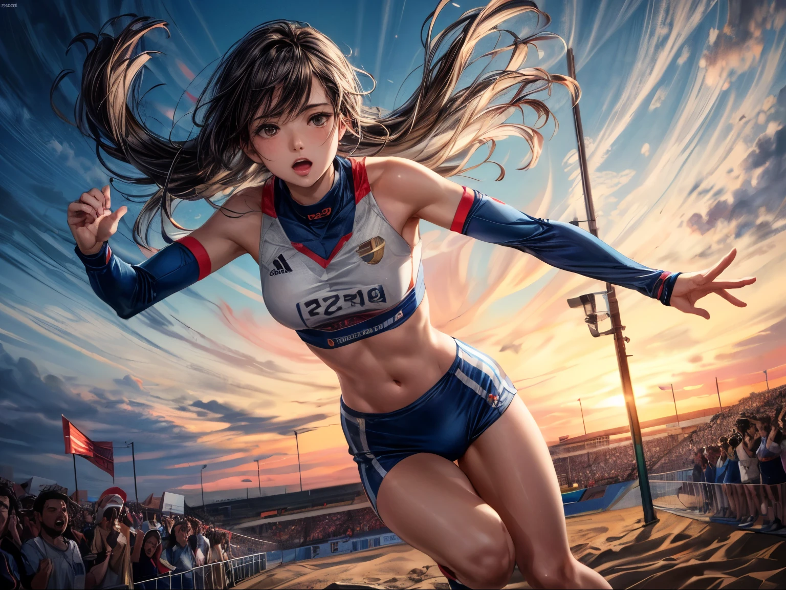 modern style,Realistic,An illustration,Photorealistic,Actual photo,colorful,One Athlete,Long Jump,Flying through the air, he landed on the sand in a forward-leaning position.,Uplifting,
It seems like a good record,
Athletes are happy,Guts pose,Dynamic,
The crowd cheers him on.,yell,Standing ovation,
Loud cheers,Vigorously,Solidarity,Gentle space,
Detailed Description,
Perfect face and body,Detailed face,Perfect Anatomy,Beautiful Face,
masterpiece,Highest quality,8K,High resolution,Raw photo,
Award-winning,Browsing Caution,
Warm tones,
Cinematic lighting,Spotlight on her,
Eye Level Shot,Horizontal Position,
Medium Shot,
Physically Based Rendering,
Thin contours,