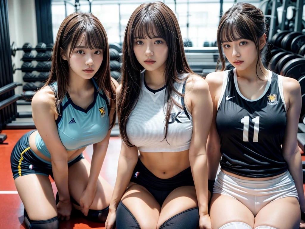 athletics, high quality, best quality, realistic, , girl, threesome, round thighs, attractive pose,, sakimi-chan, big eyes, pose with track --auto --s2