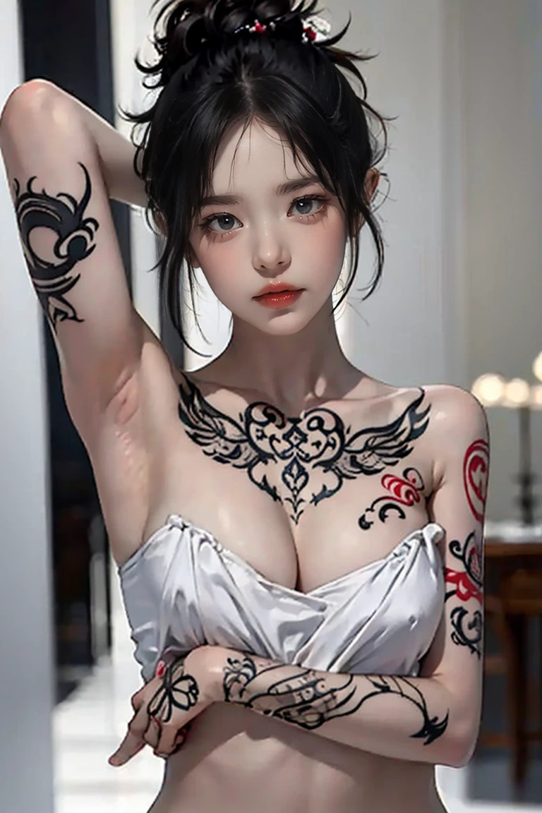 masterpiece, Highest quality, Very detailed, shape,(1 female),Beautiful attention to detail, View your audience, close, (Big Breasts), black tattoo, tattoo, chest tattoo, arm tattoo, rib tattoo, breast tattoo, cleavage tattoo, neck tattoo, shoulder tattoo, huge tattoo,(Small and beautiful nipples),Model-like style