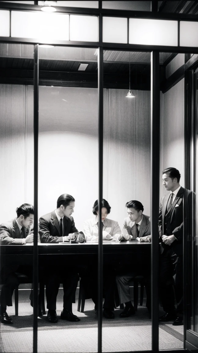 A group of well-dressed businessmen in an office, signing documents and shaking hands. The setting is a formal meeting room with traditional Japanese decor. Mid 1930s, sepia tone.