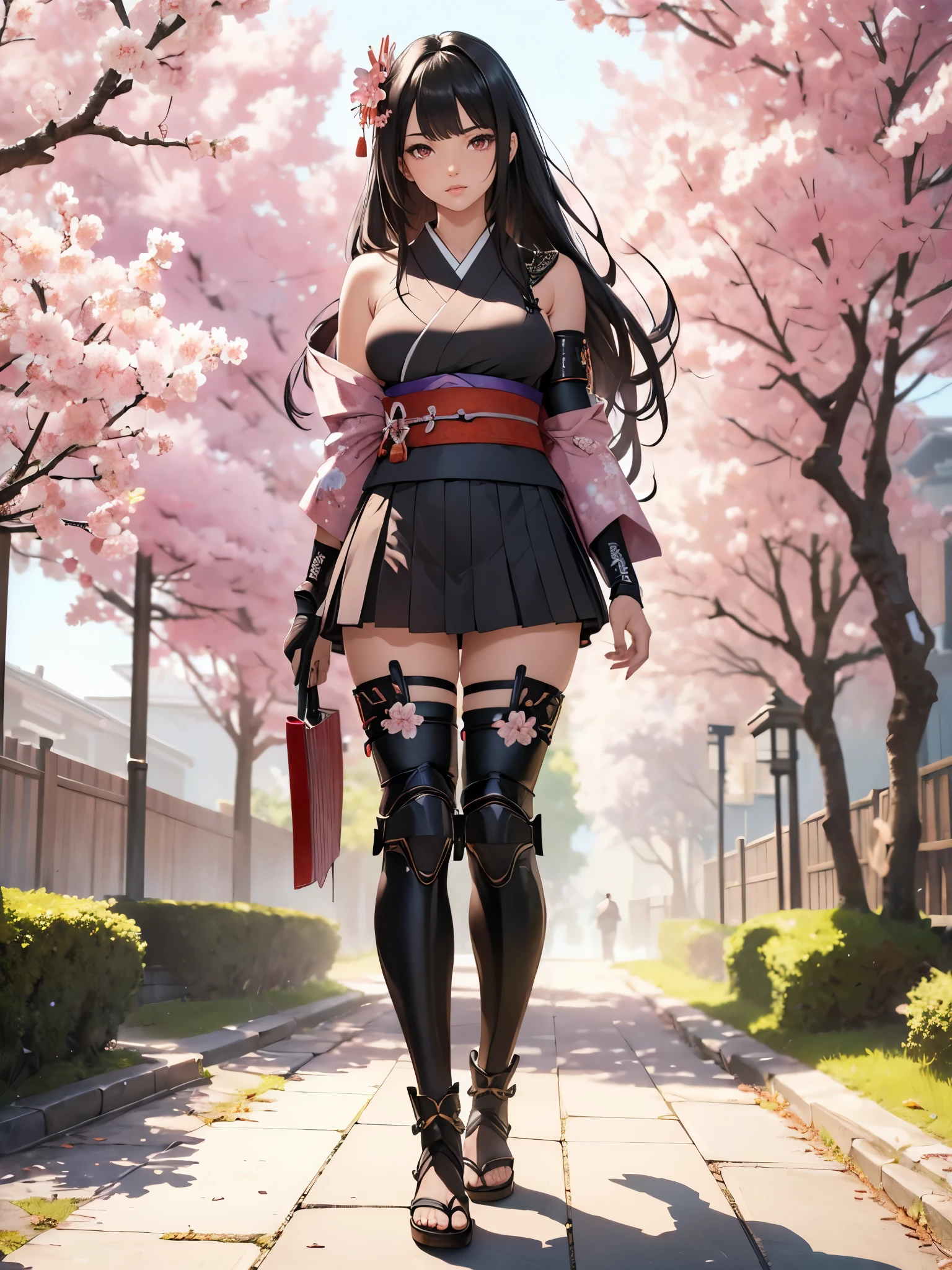 ((1girl, solo)), beautiful body, (perfect anatomy, perfect body, perfect hands, perfect legs), (five fingers:1.5), natural proportions, sexy body, (((large breasts))), cowboy shot BREAK
((extremely detailed face)), (beautiful detailed eyes:1.6), (realistic pupils, realistic iris:1), expressive eyes, looking at viewer, (clear eyes:1.3), (hyperrealistic:1.2), (detailed skin texture:1.2), smooth skin, (mature female:1.5), (black hair:1.5), (red eyes:1.3), long hair, (straight hair:1.5), (((bangs))), ((blunt bangs)), hair ornament, hair flower, (detailed lips:1.2), (attractive lips:1.1), (glossy lips:1.1), (parted lips), perfect face, perfect eyes, seductive look BREAK
Samurai, japanese clothes, (short kimono:1.5), sleeveless, elbow gloves, (arm guard:1.5), (micro mini skirt:1.5), pleated skirt, black skirt, zettai ryouiki, thighs, black thighhighs, (greaves:1.3), skindentation, tassel, shimenawa BREAK
Outdoors, day, (spring:1.3), (((cherry blossoms))), nature, ((trees)), forest, (((ancient japan))), medieval fantasy BREAK
(masterpiece:1.5), anime-style, top quality, best quality, (beautiful and aesthetic:1.2), (ultra detail:1.5), Ultra-detailed depiction, Ultra-precise depiction, extremely detailed 8k illustration, high resolution, (highly detailed shading:1.2), (realistic lighting:1.4), perfect lighting, vibrant colors, dynamic tones, striking hues, 8k, absurd resolution, perfect shadows, hdr, UHD, ambient lighting, realistic, ultra-realistic, photo realistic, highly detailed, rich detail, luminous colors, fine texture, intricate design, professional illustration, (soft light:1.2), (illustration:0.7)