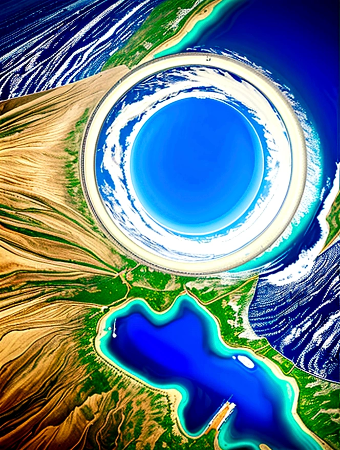 A picture of the flat earth viewed from thousands of miles above,In the center of the picture, there is a pillar that reaches straight to the heaven.