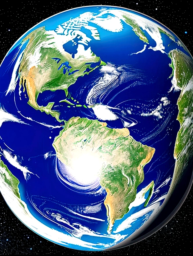 A picture of the flat earth viewed from thousands of miles above，In the center of the picture, there is a pillar that reaches straight to the heaven.