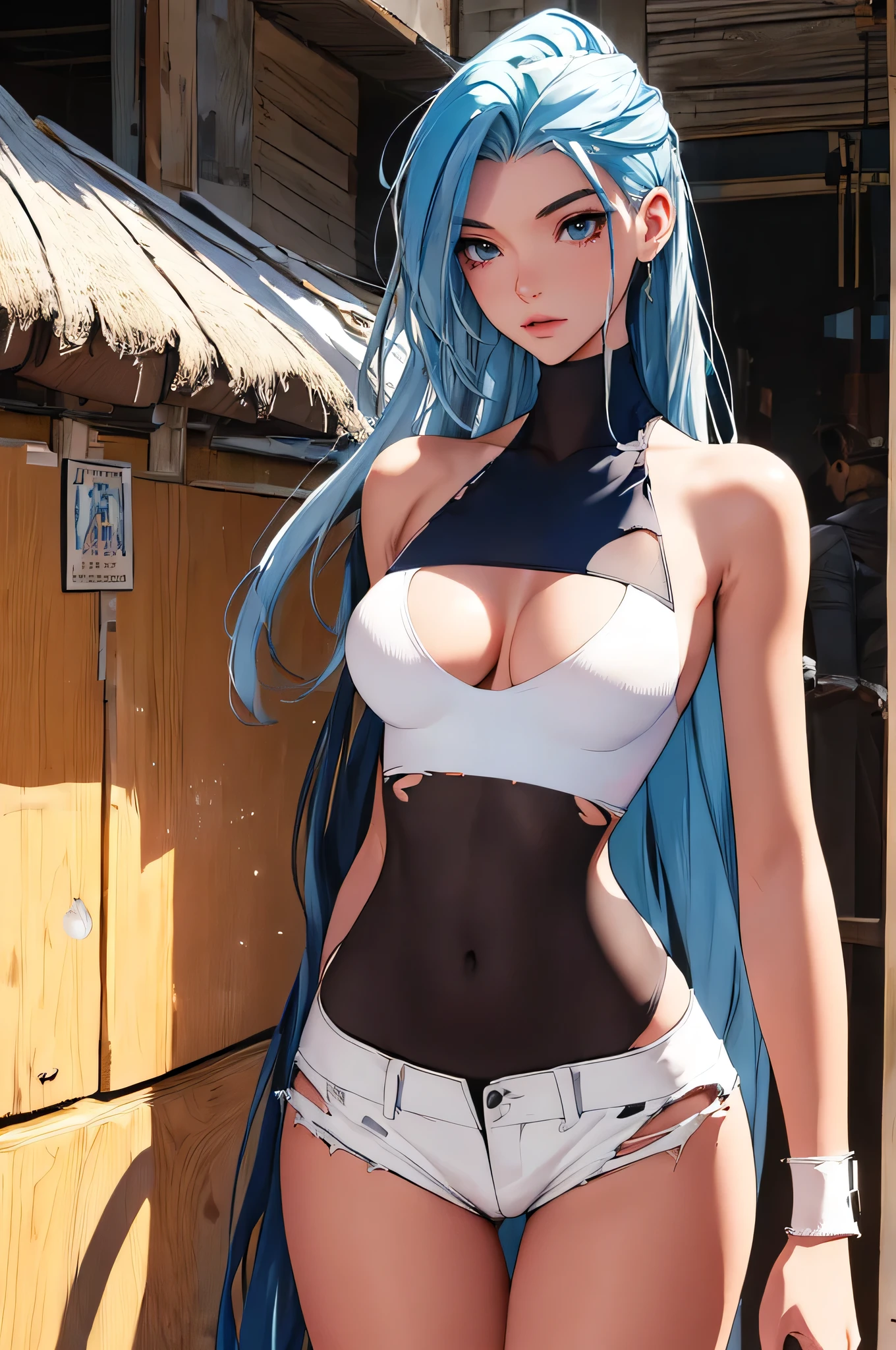 (best quality: 1.2), clean face, (masterpiece: 1.2, 8k) perfect anatomy, 1girl,a beautiful fashion model ,(masterpiece, official art, best quality ,long and shiny hair, blue hair with streaks in hair, long hair, full lips, slender body, slim body big breasts, looking at viewer, revealing outfit, absurdity, intricate details, dynamic pose, club, , wearing short shorts and a tight white top, cleavage, torn clothes, thong straps