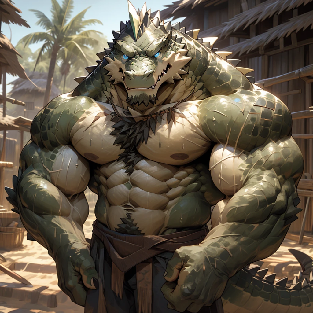 sweating a lot,muscular,Topless,Thatched houses in the crocodile tribe,hairy,personification,chest hair,Serious face(scars in the face) Mature (blue eyes)Huge muscle ripped abs wild, Crocodile with tribal ambition holding wooden spear