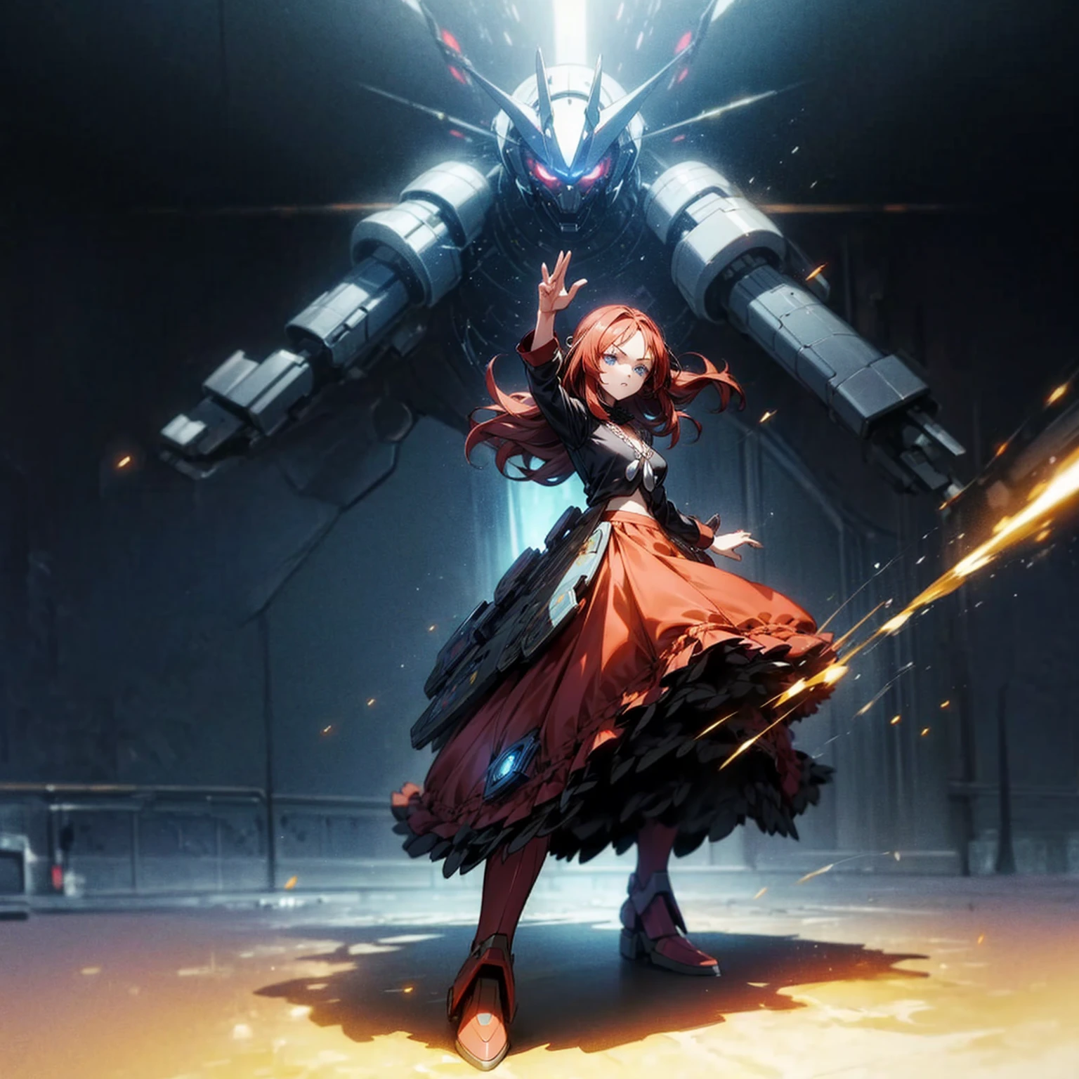 1girl, full body version, 1character, blue eyes, dark red colour hair, long layers hairstyle, bohemian clothing style, long skirt, boots, Grassroots background in town, motion blur, shadow, with Biggest robot in behind, battle gesture, lighting weapon robot, (one piece style art)