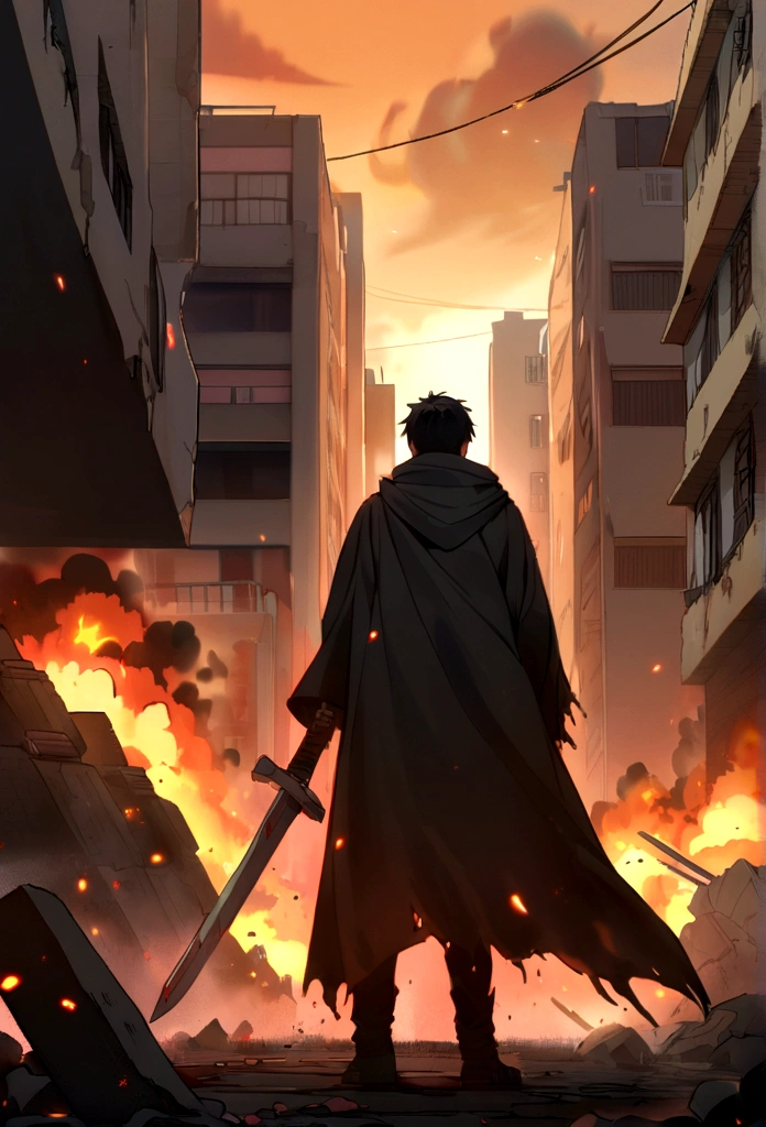 Young man with masked black hair wearing a black cloak holding a sword kills zombies in a city ravaged by fire and explosions