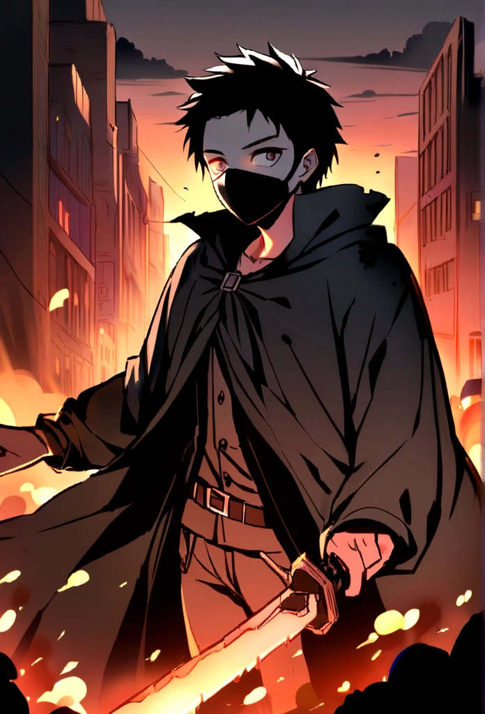 Young man with masked black hair wearing a black cloak holding a sword kills zombies in a city ravaged by fire and explosions