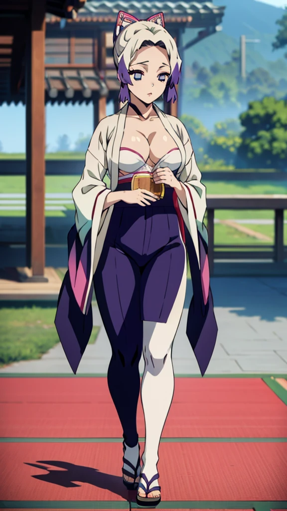 1girl, anime style, shinobu kocho, ripped kimono, beautiful detailed eyes, beautiful detailed lips, sexy body , full body view , round breasts white pantyhose
