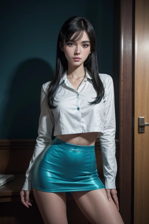 Add style scooby doo panel, there is a 28 year old female, medium complexion, sweet and sharp blue eyes, White and smooth skin, intense black hair, very long and straight. She should be dressed in dark, retro clothing characteristic of the series.